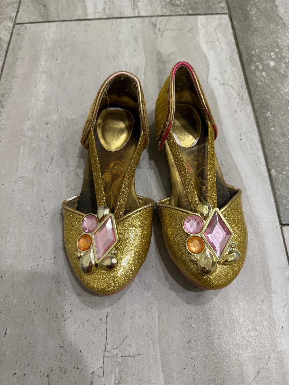 Bell Gold Glitter Sandals with Pink and Orange Gem Accents